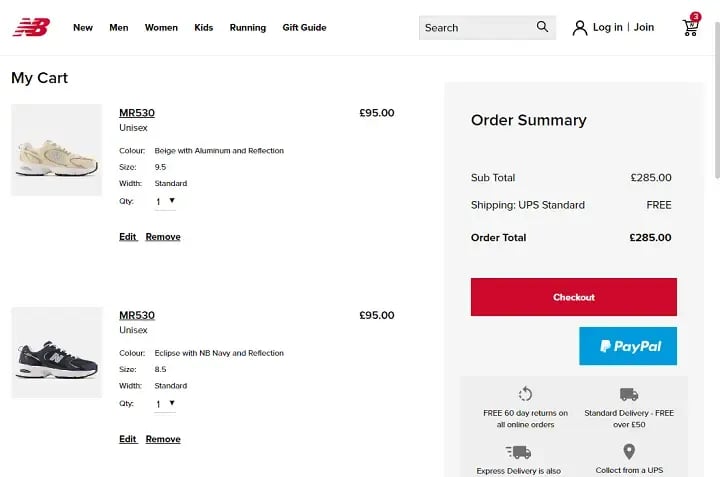 example of checkout button on New Balance website