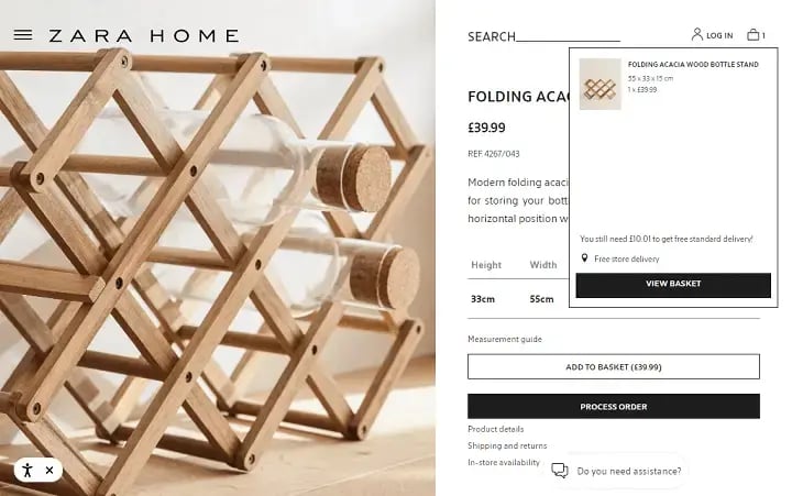Zara Home example shopping cart UX website