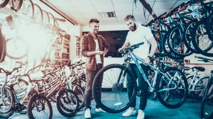 Consultant Shows Bicycle to Client in Sport Shop