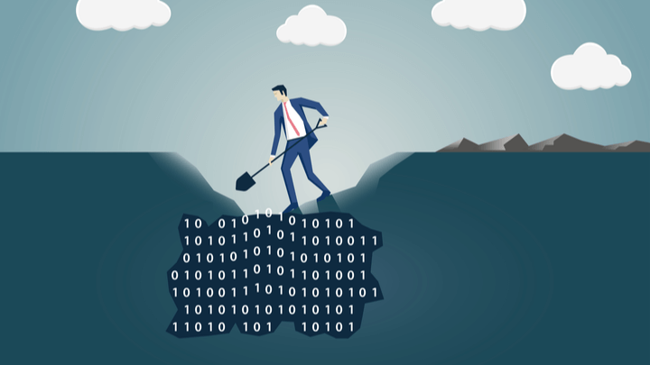 man digging in ground to find binary code