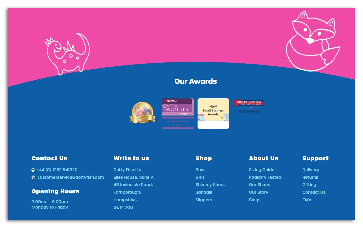 dottyfish footer displaying awards