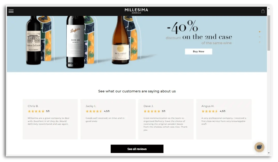 Millésima homepage displaying service reviews