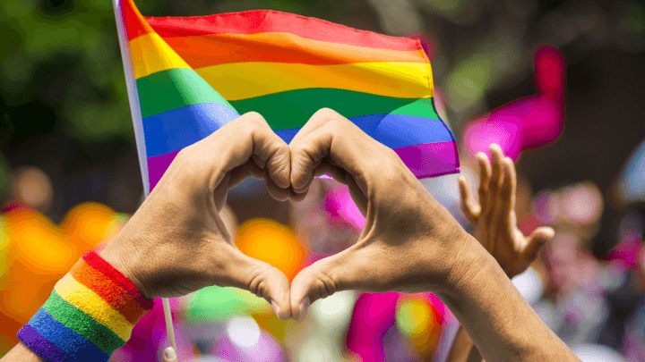 heart sign with hands in front of pride flag