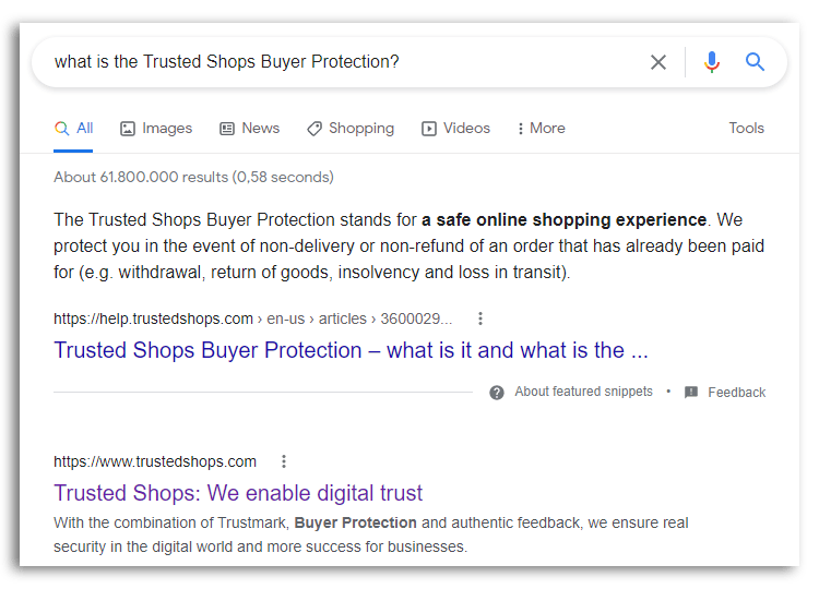 example of featured snippet in position 0 of Google