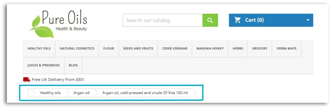 example of breadcrumbs at the top of product page
