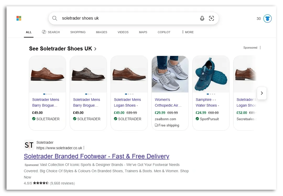 Example of Bing Ads in the Shopping section in the standard results