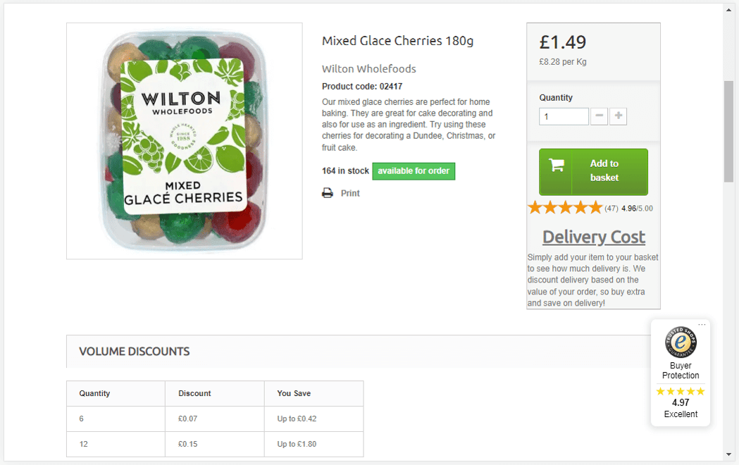 wilton wholefoods shares a trustmark, product and service reviews on their product pages