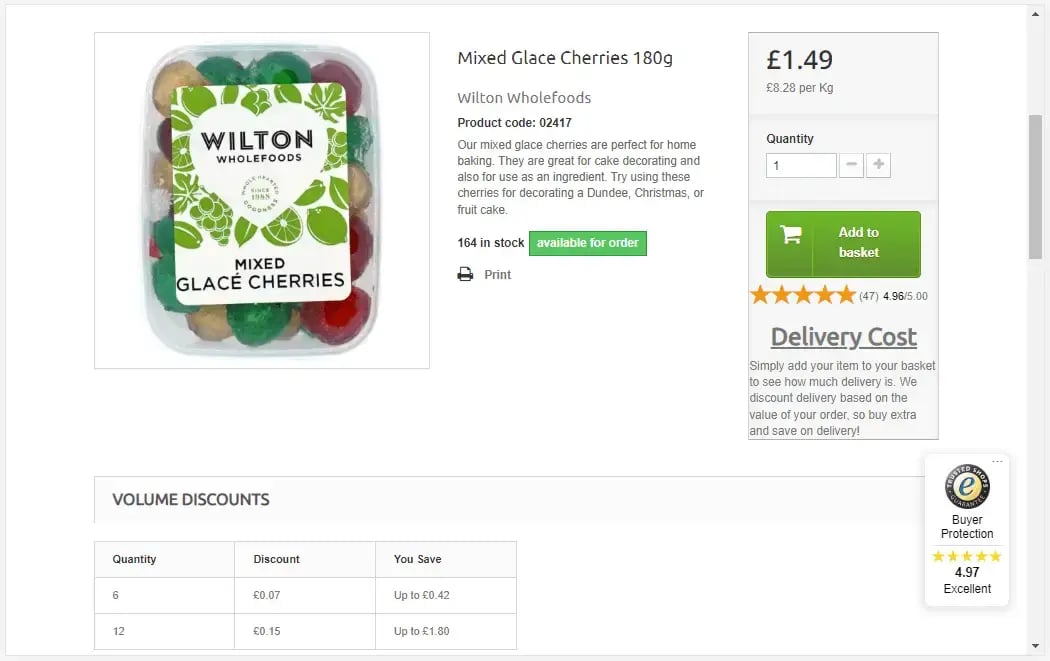 Wilton Wholefoods displays a trustmark, product reviews, and service reviews on their product pages.