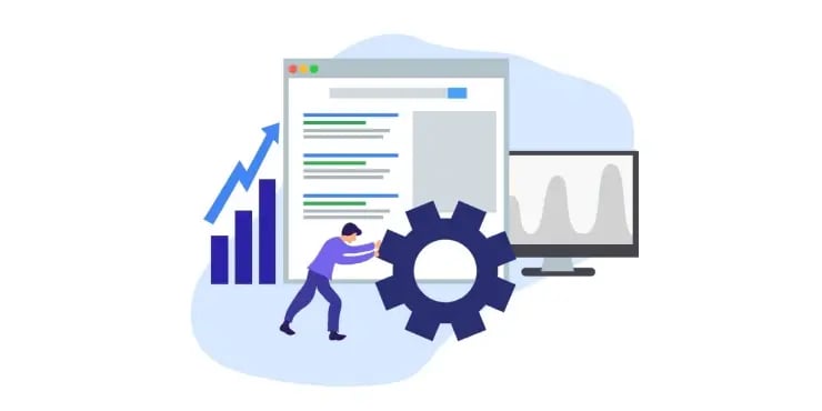illustration of man pushing a gear in front of analytics dashboards