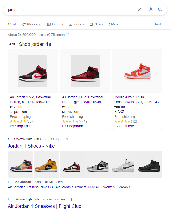 example of google shopping ads in google serps