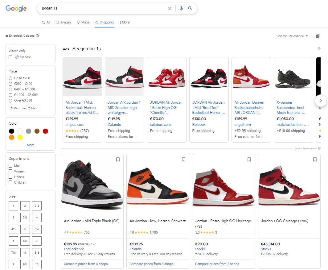 example of google shopping tab results