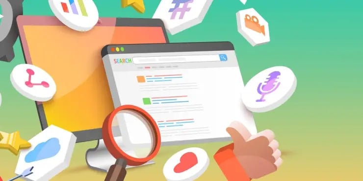 illustration of search results with many icons around it