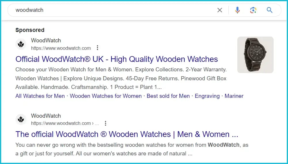 example of an advertisement (SEA) in the first position of the search results followed by an organic result (SEO) in the second position