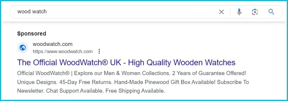 example of an advertisement in Google's search results (SEA)