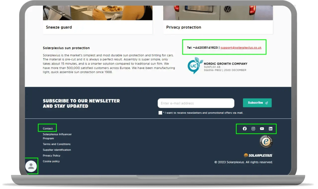 example of contact points in the footer of an online shop
