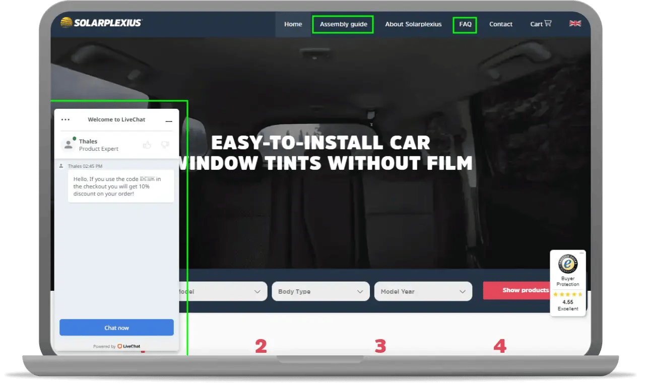 examples of a chatbot, an FAQ section, and an assembly guide on the homepage of an online shop