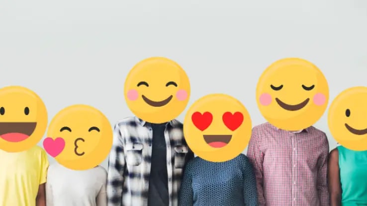 people with smiling emojis for heads