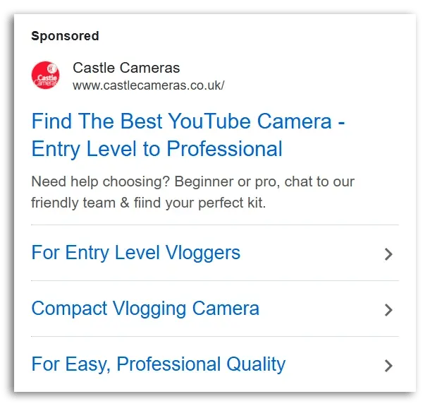 Example of a Google Ads showing additional assets.