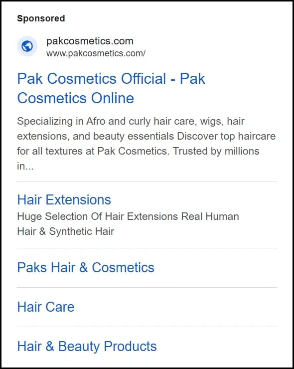 example of sitelink assets in Google Ads