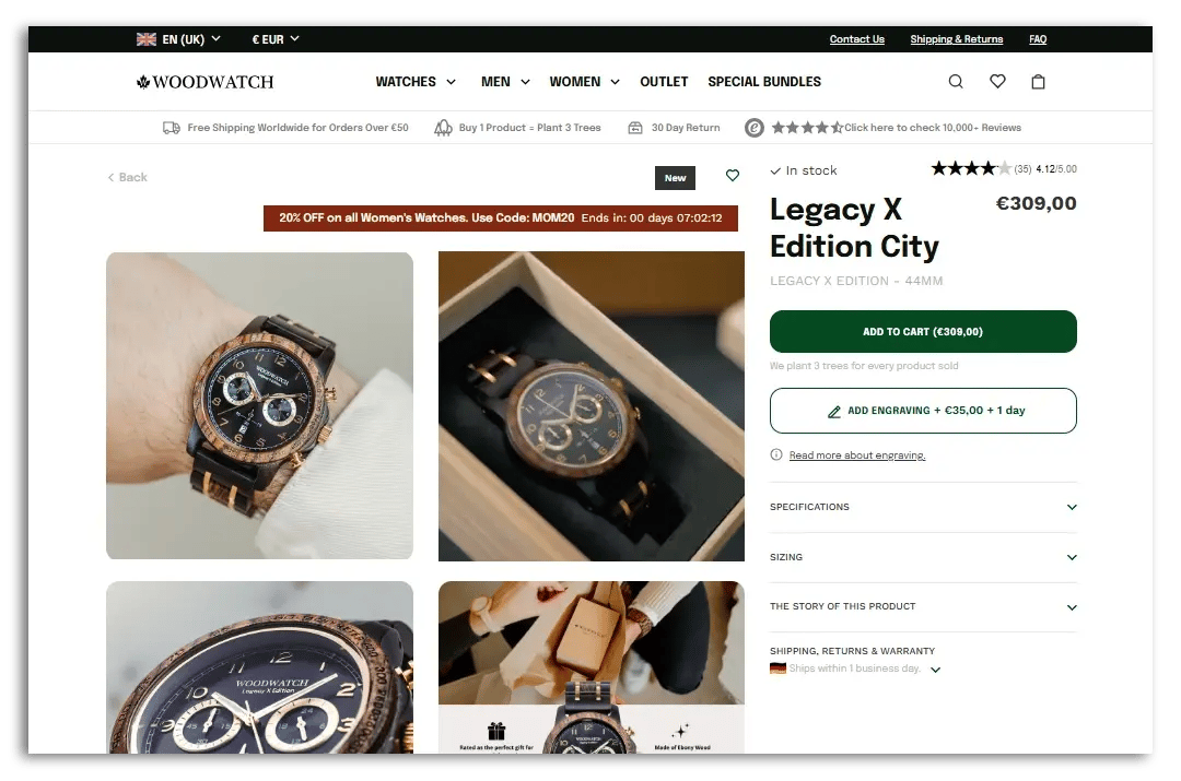 Example of WoodWatch's clean product page design