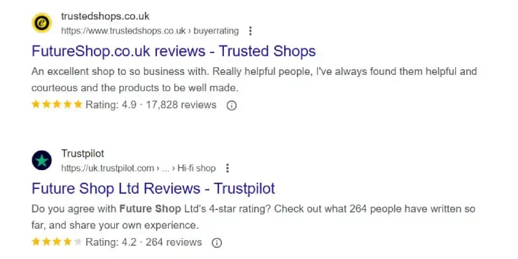 Organic seller ratings in Google search results