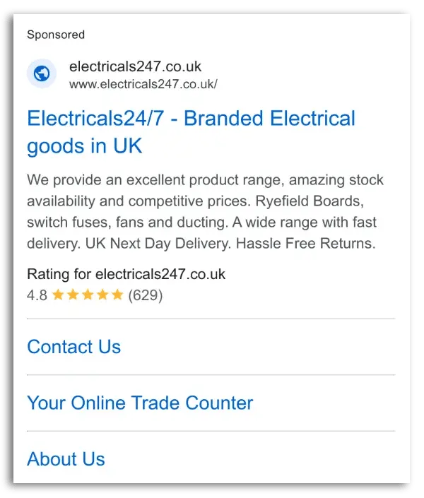 Example of a Google Ad (text ad) from Electricals247 showing store ratings
