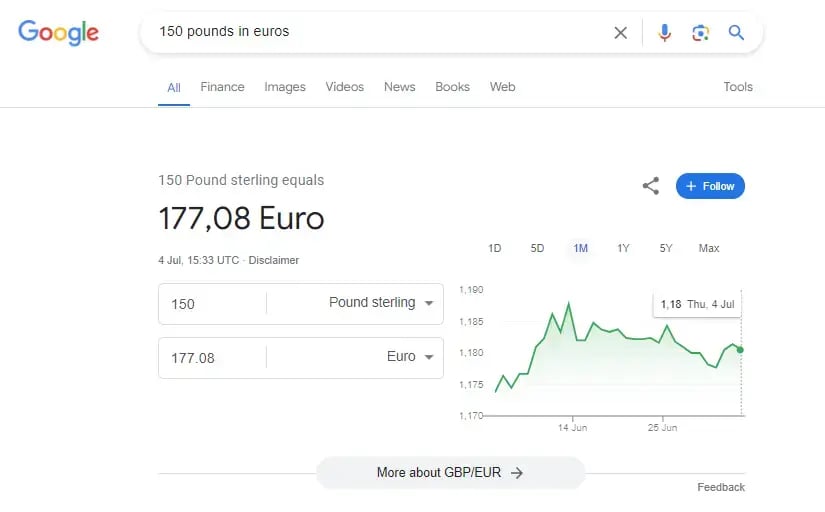 Google OneBox with a currency conversion