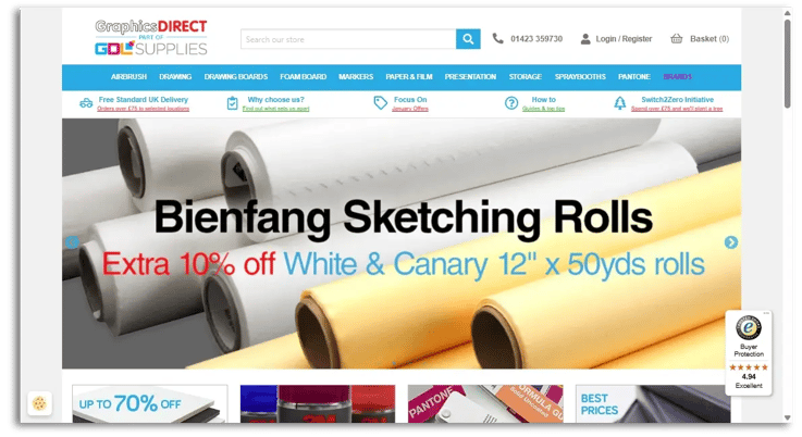 Homepage of Graphics Direct displaying phone number and Trustbadge