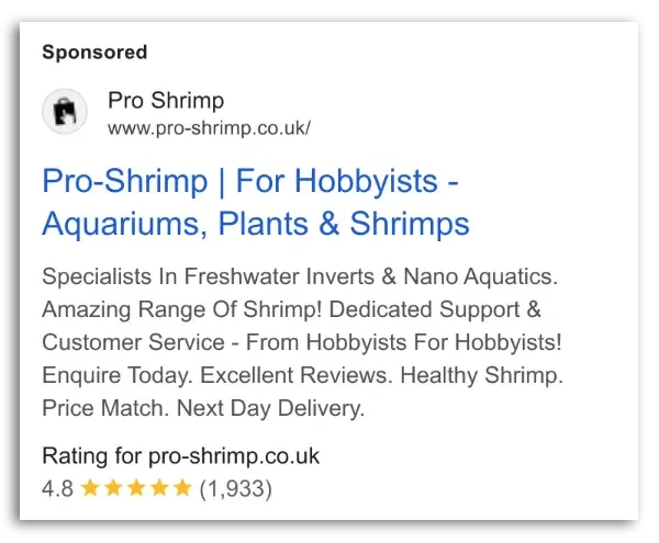 An example of a Google Ad displaying store ratings as stars.