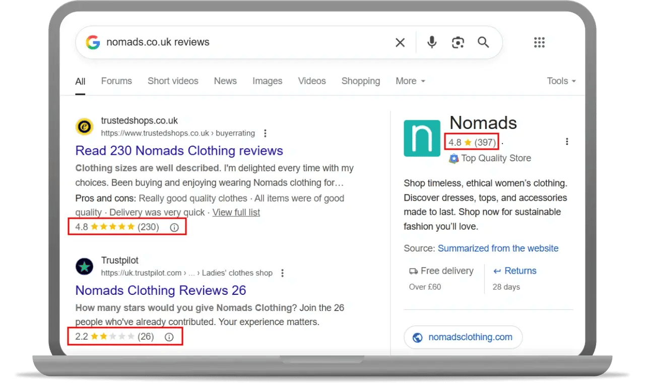 service reviews in Google results