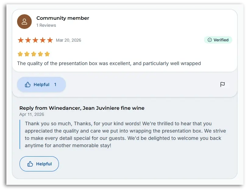 An example of a good service review and a response from the shop.