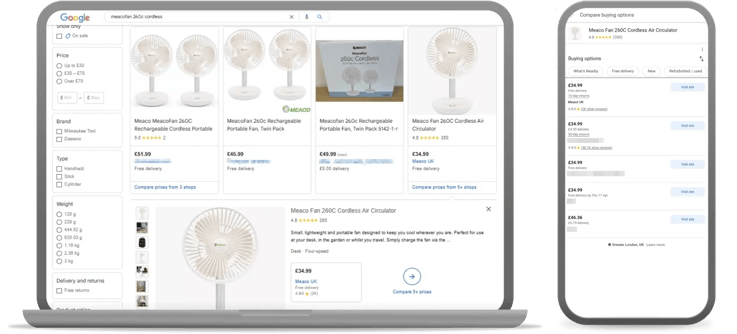 example of Google Shopping free listing and seller list