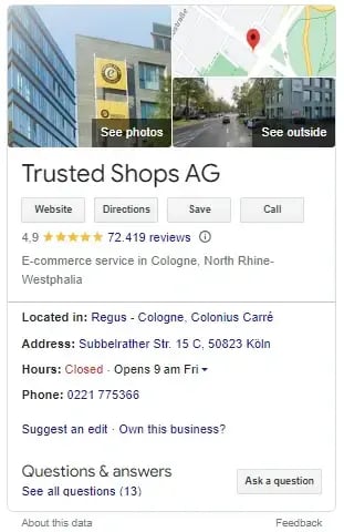 example of star ratings in Google OneBox