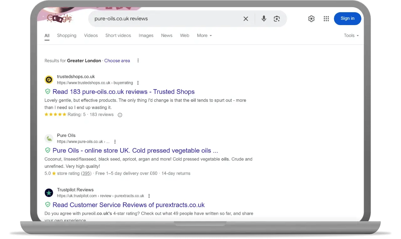 example of star ratings in a Google organic search result
