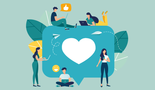 5 people using devices surrounding a giant social media heart