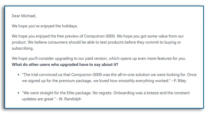 example of email with customer testimonials inside