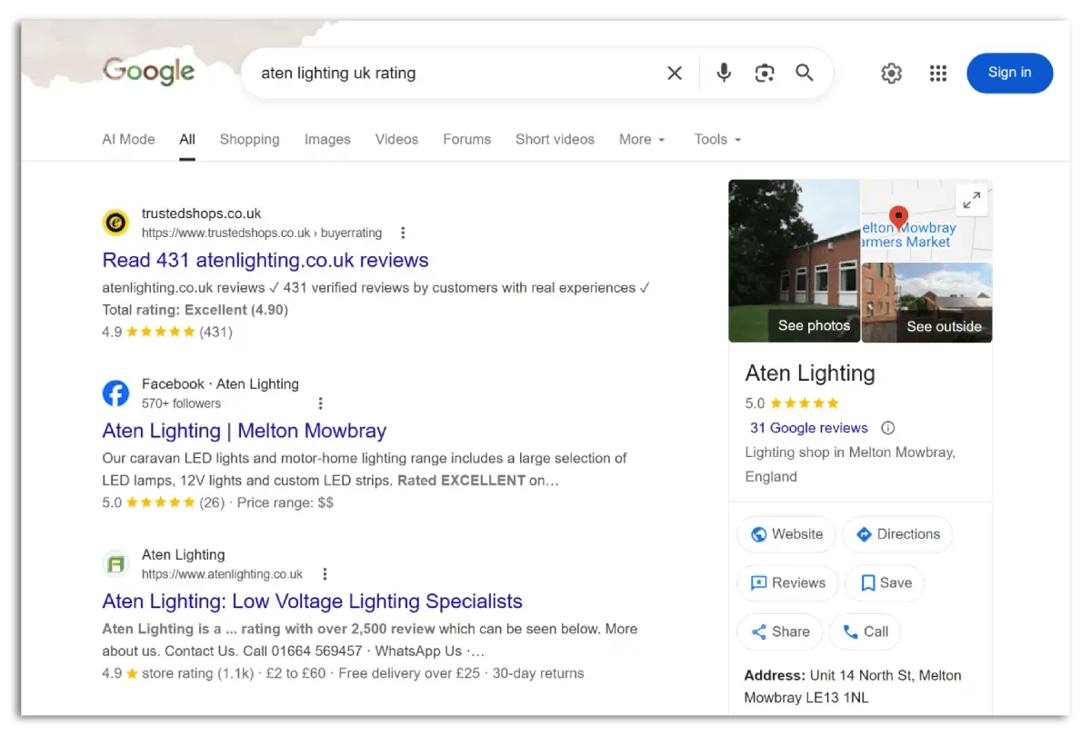 Example of store ratings in the Google search results