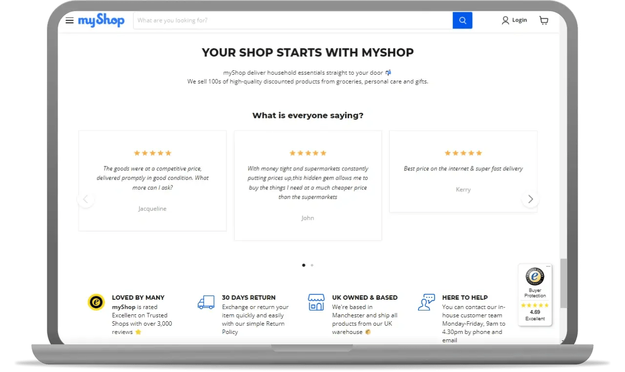 service reviews on homepage of myshop.co.uk