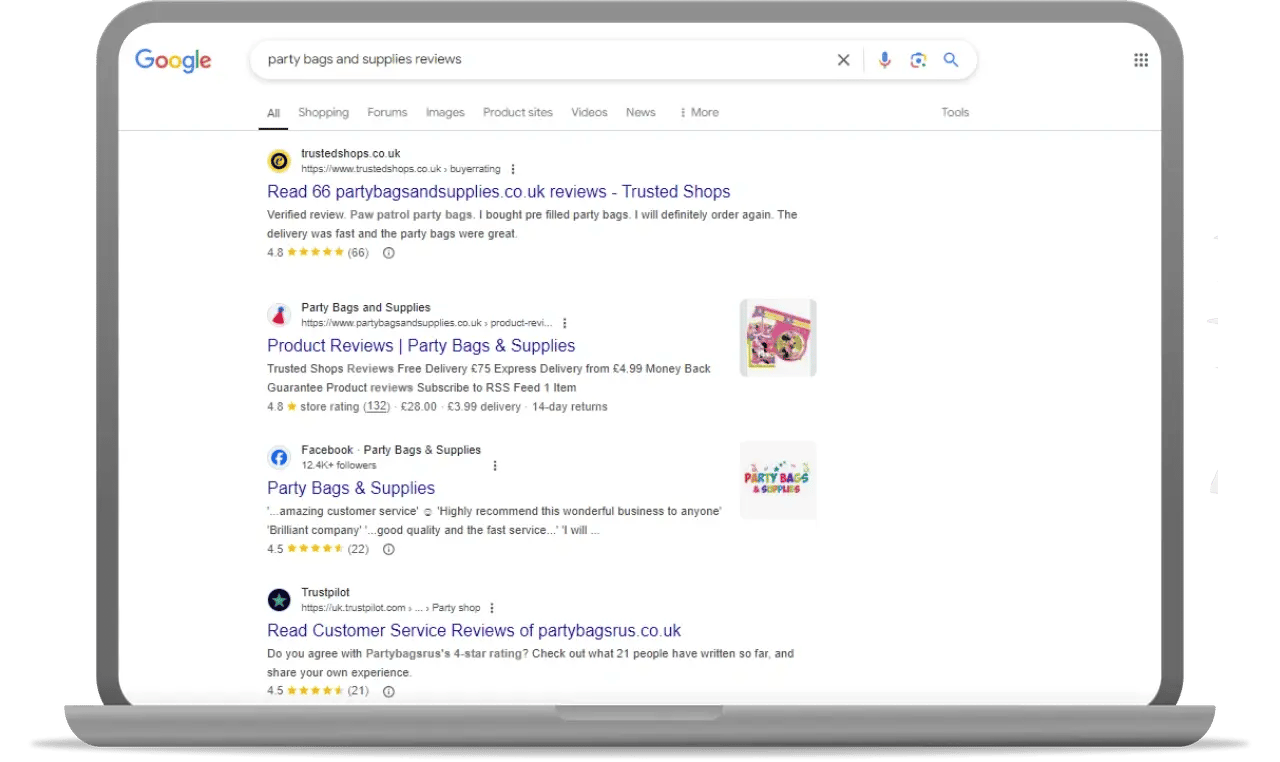 store rating stars in organic SERPs