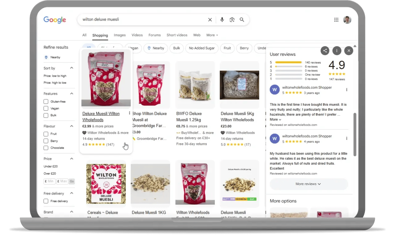 example of product reviews in google shopping free listings