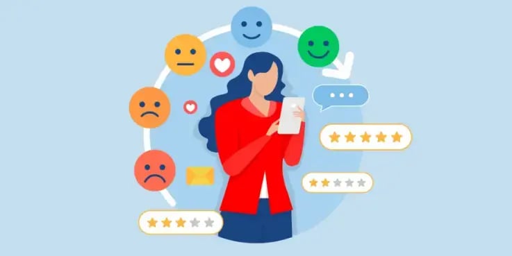 An illustrated woman analysing reviews