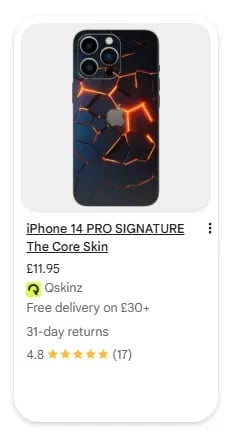 example of a Google Shopping card from Qskinz.com