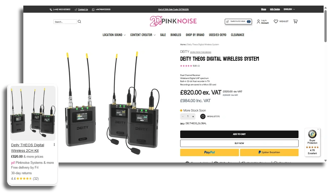 Example of product images on a product page also appearing in a Google Shopping free listing