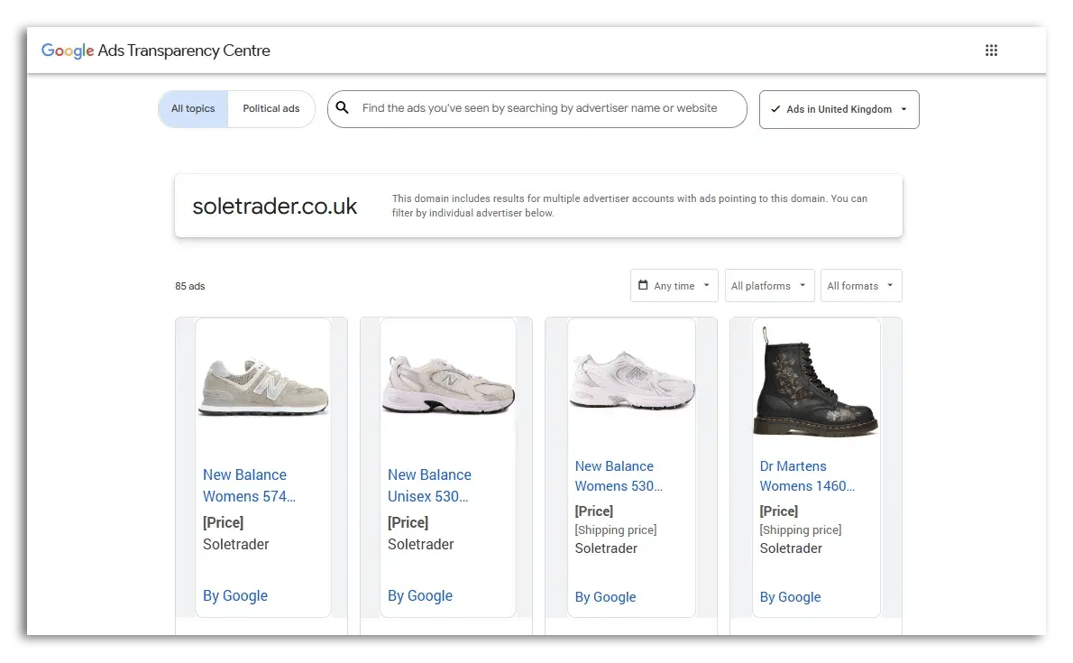 example of Google Ads transparency page