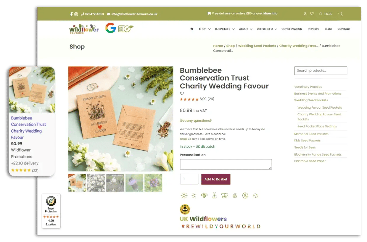 A Google Shopping Ad on the left and the corresponding product page on the right.