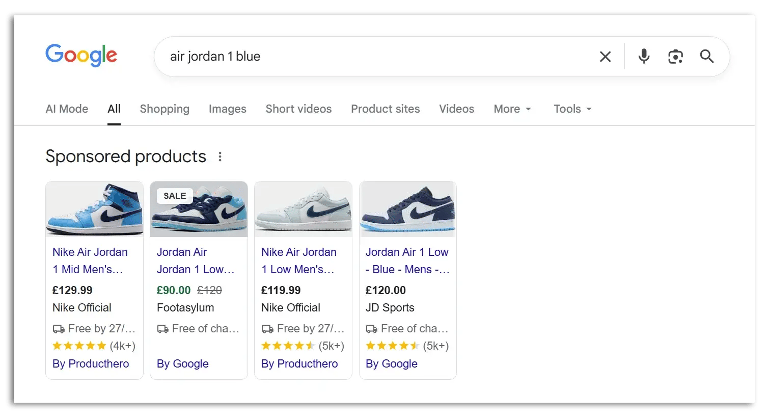 Example of Google Shopping Ads in standard Google search results page.