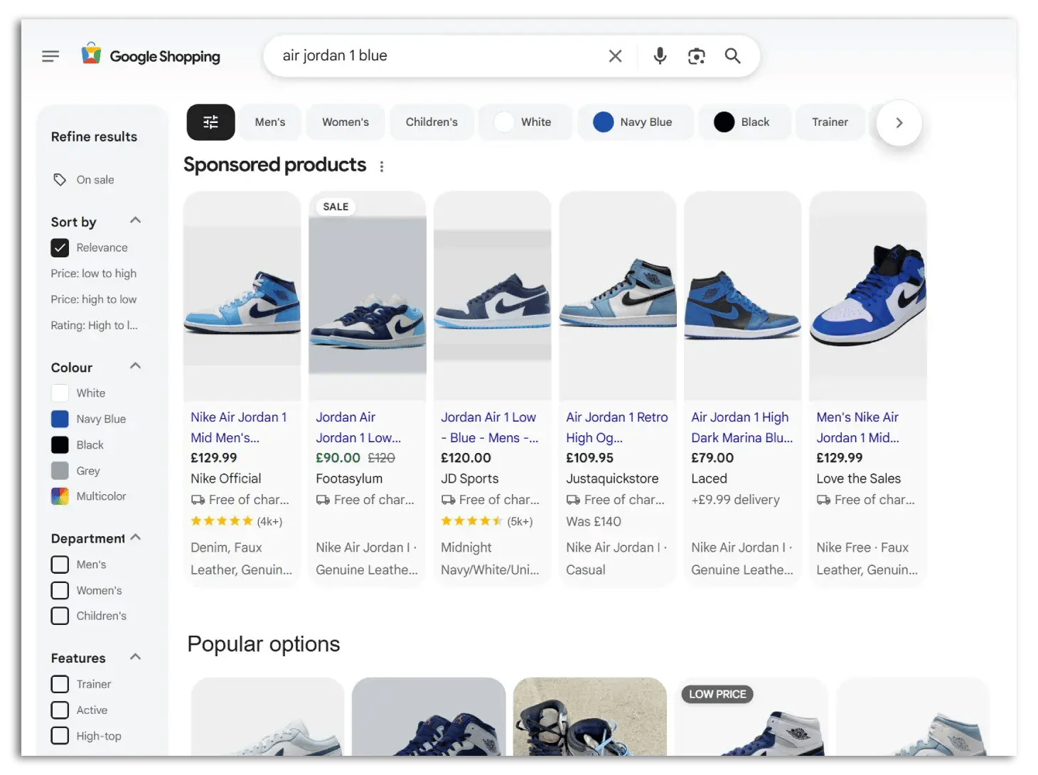 Example of Google Shopping Ads in the dedicated Google Shopping platform.
