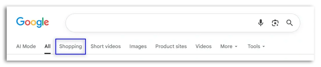 google shopping tab under the standard search bar