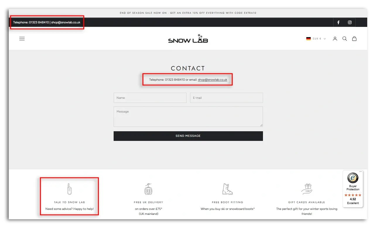 Example of a contact us page that contains a lot contact information, including an email address, a contact form, and a phone number.
