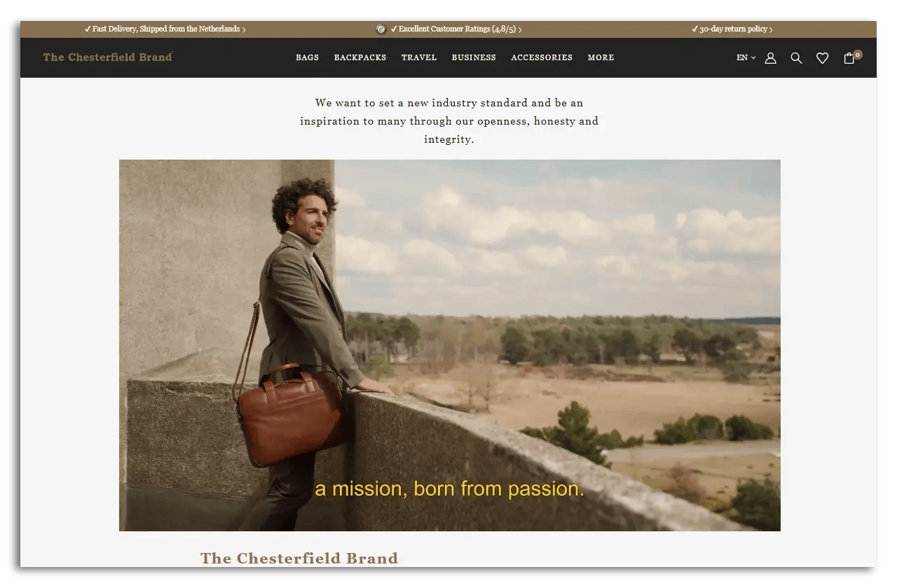 The Chesterfield Brand's About Us page playing a video.